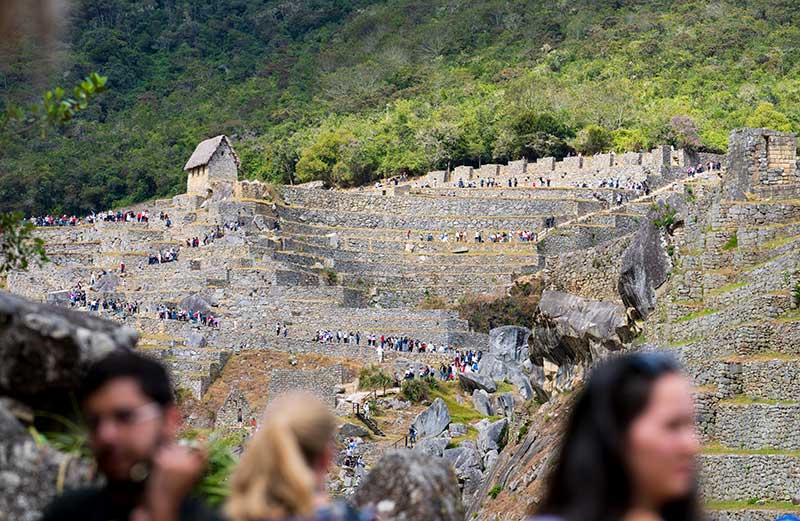 Turistas visitando o sítio arqueológico de Machu Picchu